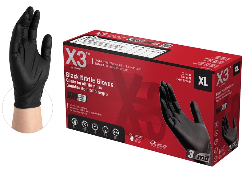 Ammex BX3 Series BX348100 Disposable Gloves, XL, Nitrile, Powder-Free, Black, 9-1/2 in L