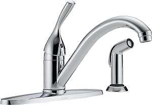 Delta 400-DST Kitchen Faucet with Side Sprayer, 1.8 gpm, 1-Handle, Brass, Chrome Plated, Deck, Lever Handle