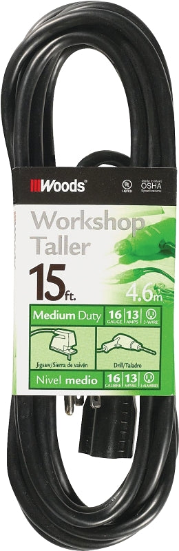 Woods 990261 Extension Cord, 16 AWG Cable, 15 ft L, 13 A, 125 V, Black
