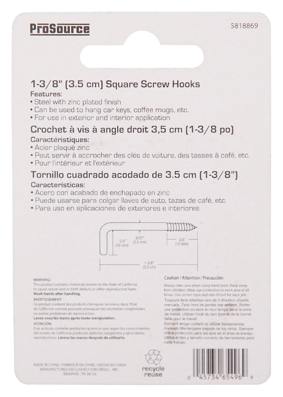 ProSource LR-399-PS Screw Hook, 3/8 in Opening, 3 mm Thread, 1-3/8 in L, Steel, Zinc