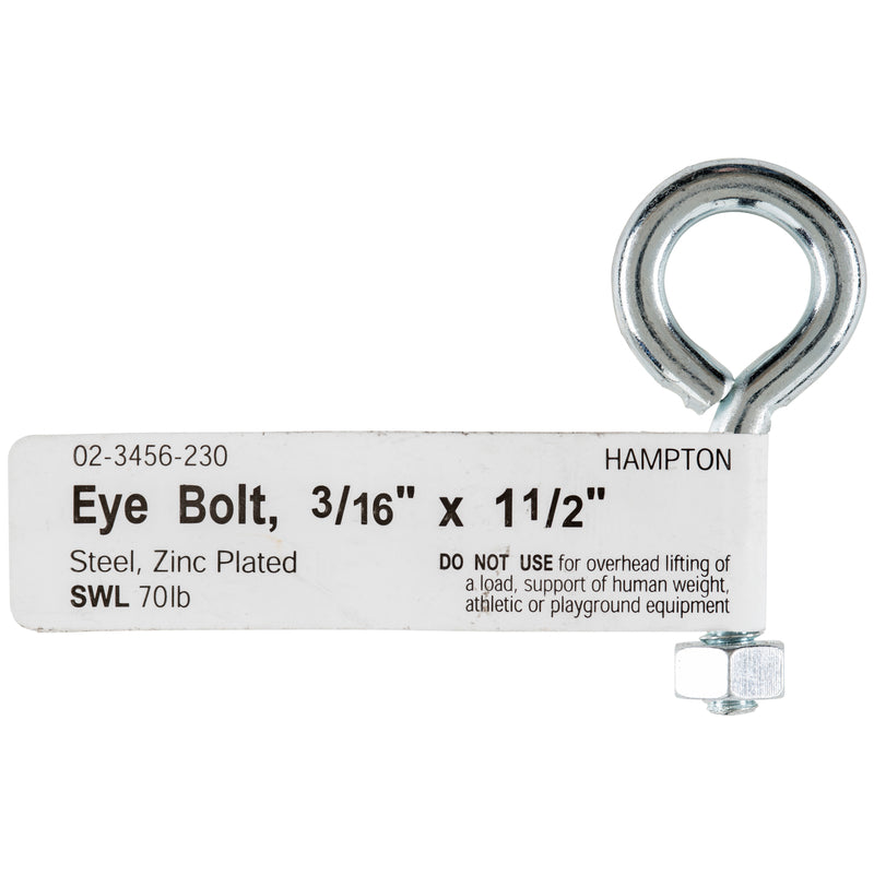 Hampton 3/16 in. X 1-1/2 in. L Zinc-Plated Steel Eyebolt Nut Included, Pack of 10