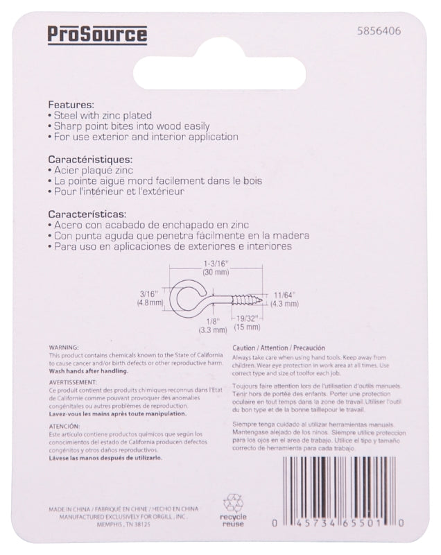 ProSource LR-225-PS Screw Eye, 3.3 mm Dia Wire, 4.3 mm Thread, 19/32 in L Thread, 1-3/16 in OAL, 57 lb Working Load