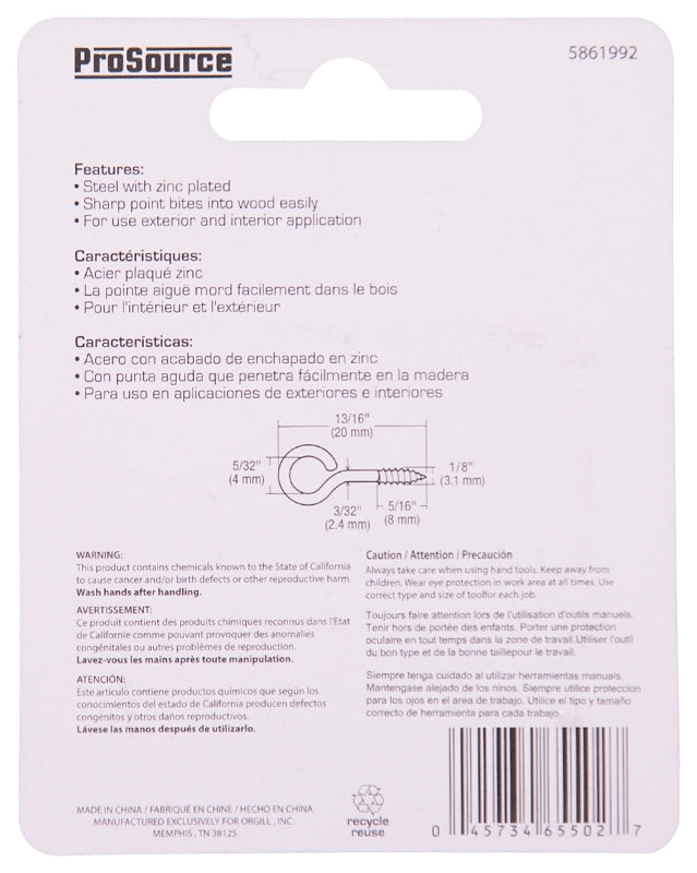 ProSource LR-226-PS Screw Eye, 2.4 mm Dia Wire, 3.1 mm Thread, 5/16 in L Thread, 13/16 in OAL, 36 lb Working Load, Steel