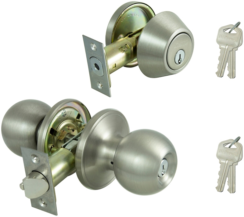 ProSource B3PB1-PS Deadbolt and Entry Lockset, Turnbutton Lock, Saturn Design, Satin Nickel, 3 Grade, Stainless Steel, Pack of 2