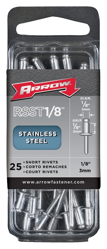 Arrow RSST1/8 Pop Rivet, Short, 1/8 in Grip, 1/8 in L, Stainless Steel, 25/PK