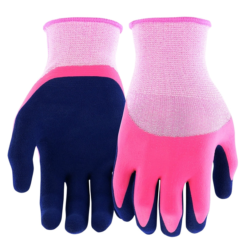 Miracle-Gro MG30605/WSM Gloves, Women's, S/M, 3.7 in L, Knit Wrist, Seamless Cuff, Latex Coating, Navy/Pink
