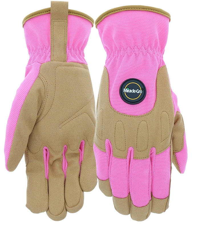 Miracle-Gro MG86203/WSM Gloves, Women's, S/M, 3-3/4 in L, Reinforced Thumb, Shirred Wrist Cuff, Synthetic Leather, Pink