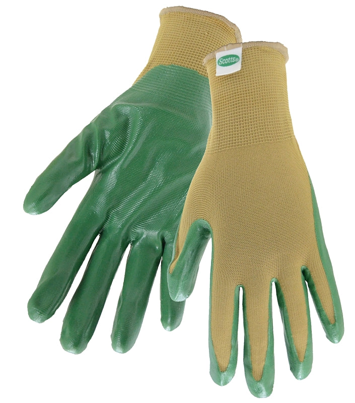 Scotts SC37121/L3P Coated Gloves, L, Knit Wrist, Seamless Cuff, Nitrile Coating, Beige/Green
