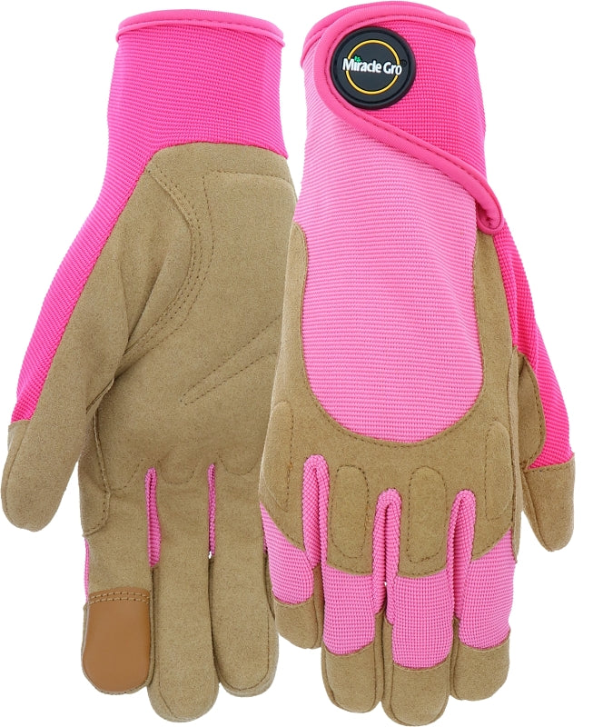 Miracle-Gro MG86208/WML Gloves, Women's, M/L, 4 in L, Reinforced Thumb, Hook and Loop Cuff, Synthetic Leather, Pink