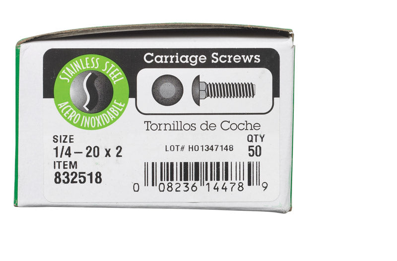 HILLMAN 1/4 in. X 2 in. L Stainless Steel Carriage Bolt 50 pk