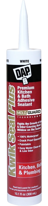 DAP KWIK SEAL PLUS 18510 Adhesive Sealant, White, 24 hr Curing, -20 to 150 deg F, 10.1 oz Cartridge