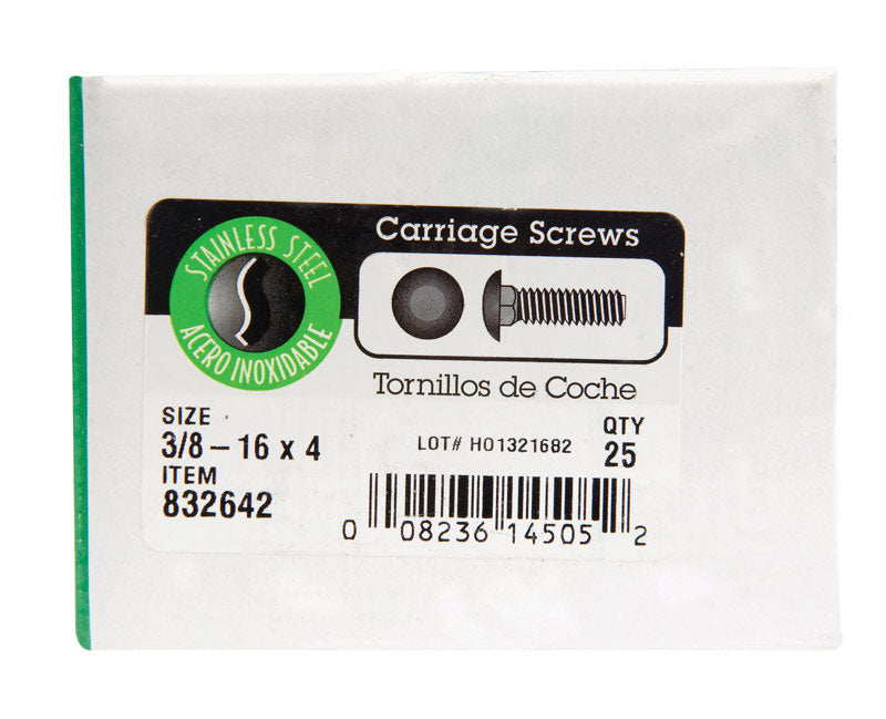 HILLMAN 0.375 in. X 4 in. L Stainless Steel Carriage Bolt 25 pk