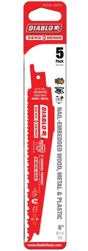Diablo DS0614BGP5 Reciprocating Saw Blade, 1 in W, 6 in L, 8/14 TPI, Bi-Metal Cutting Edge
