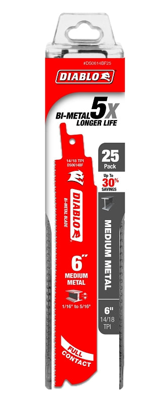 Diablo DS0614BF25 Reciprocating Saw Blade, Applicable Materials: Medium Metal, 1 in W, 6 in L, 25/PK