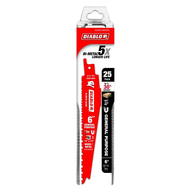 Diablo DS0614BGP25 Reciprocating Saw Blade, 1 in W, 6 in L, 8, 14 TPI