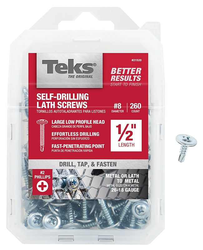 Teks 21520 Lath Screw, #8 Thread, 1.63 in L, Truss Head, Phillips Drive, Steel, Zinc