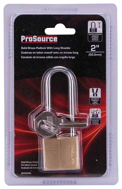 ProSource HD10032 Padlock, Long Shackle, 3/16 in Dia Shackle, 2-1/4 in H Shackle, Steel Shackle, Brass Body, Solid Brass