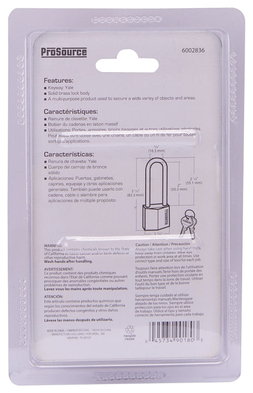ProSource HD10032 Padlock, Long Shackle, 3/16 in Dia Shackle, 2-1/4 in H Shackle, Steel Shackle, Brass Body, Solid Brass