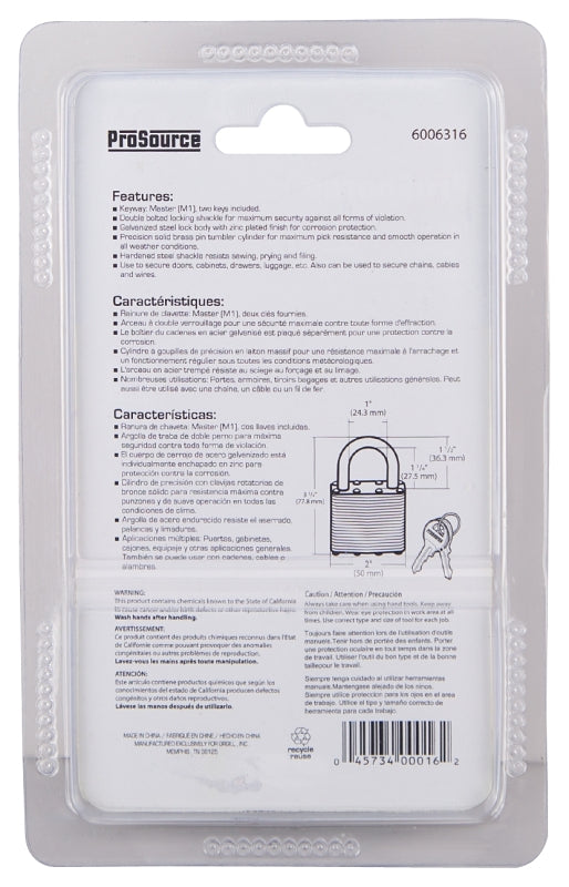 ProSource HD00016 Padlock, Standard Shackle, 11/32 in Dia Shackle, 1-1/2 in H Shackle, Steel Shackle, Steel Body