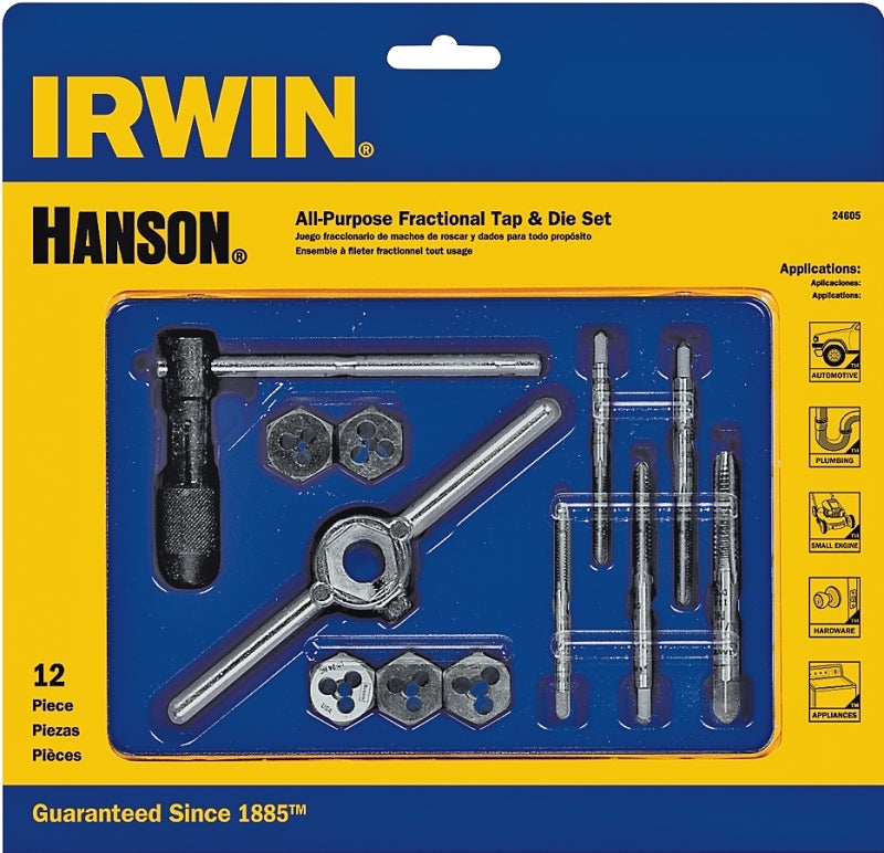 Irwin POWER-GRIP 24605 Tap and Die Set, 12-Piece, Includes: #10-32 NF Machine Screw Plug Tap and 5/8 in Hexagon Dies