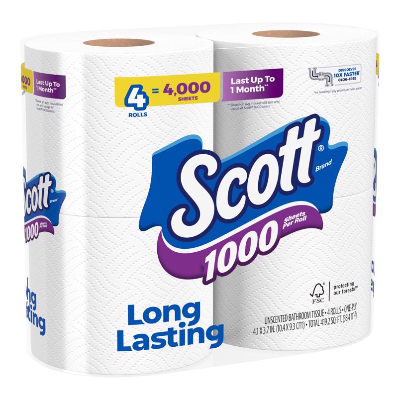 Scott Toilet Paper 4 Rolls 1000 sheet 4 in., Pack of 12