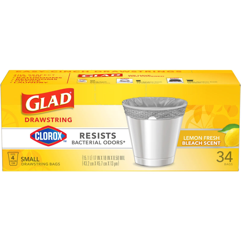 Glad 4 gal Lemon Kitchen Trash Bags Drawstring 34 pk, Pack of 6
