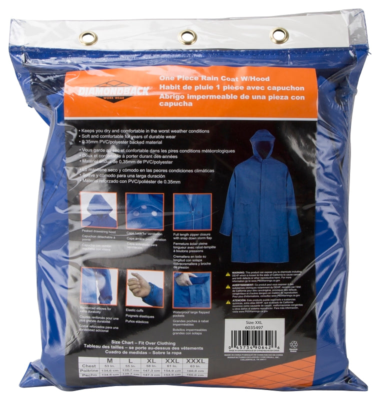 Diamondback 8156GRBXX Rain Parka, 2XL, PVC, Blue, Hooded Collar, Zipper with Snap Down Storm Flap Closure