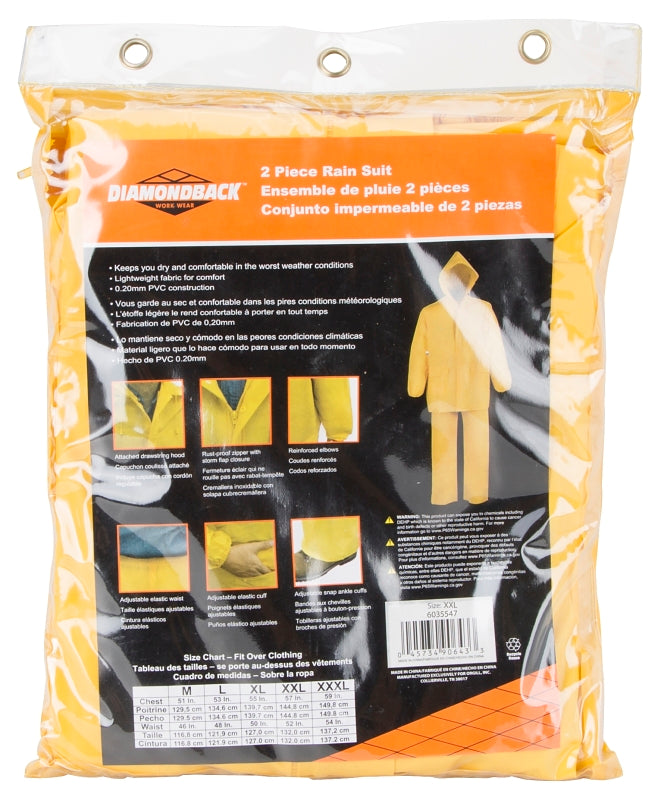 Diamondback 8127LBXX Rain Suit, 2XL, 31-1/2 in Inseam, PVC, Yellow, Drawstring, Zipper