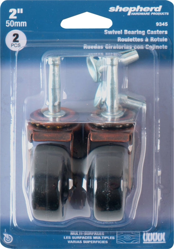 Shepherd Hardware 9345 Swivel Caster, Stem Mounting, 4.63 in W x 2 in D x 6.56 in H Dimensions, 2 in Dia Wheel, Black