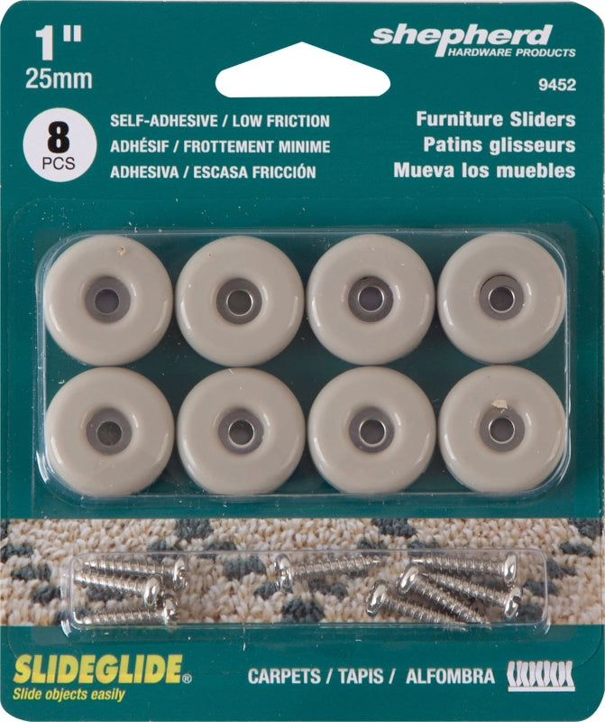 Shepherd Hardware 9452 Furniture Pad, Round, 1 in Dimensions, 75 lb, PTFE, Tan, 8/PK