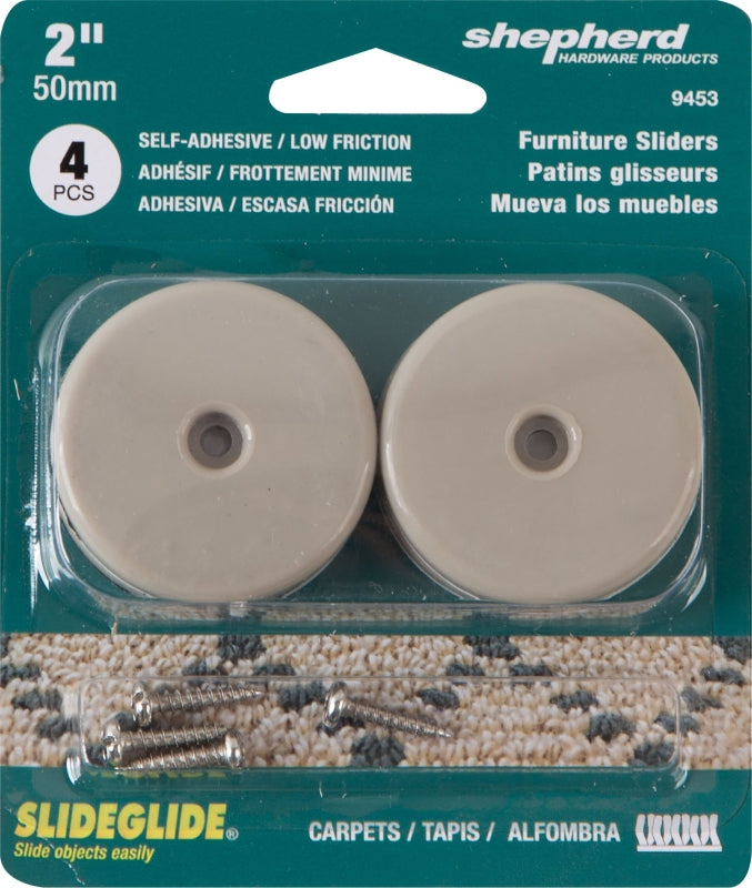 Shepherd Hardware 9453 Furniture Pad, Round, 2 in Dimensions, 75 lb, PTFE, Tan, 4/PK