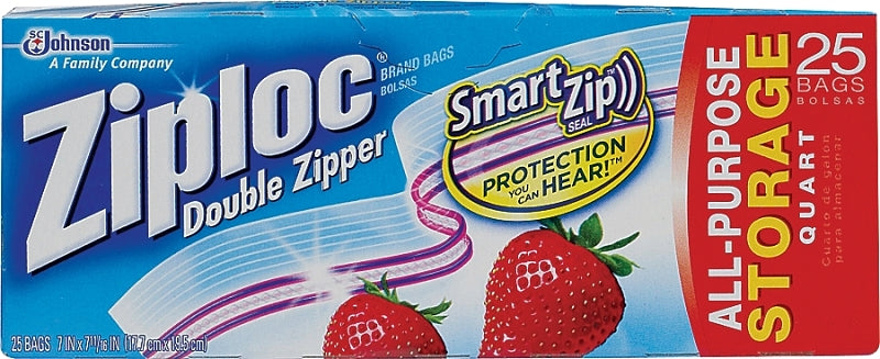 Ziploc 00330 Series Storage Bag, Zipper Closure, 7 in W, 7-7/16 in L, 1 qt Capacity, Plastic, 24/PK