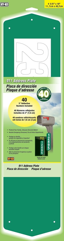 Hy-Ko 911 Address Plate, 6 in L, 18 in W, Rectangular, Aluminum, Green/White