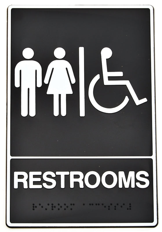 Hy-Ko DB-5 Braille and Graphic Sign, Rectangular, RESTROOM, White Legend, Black Background, Plastic, Yes, Pack of 3