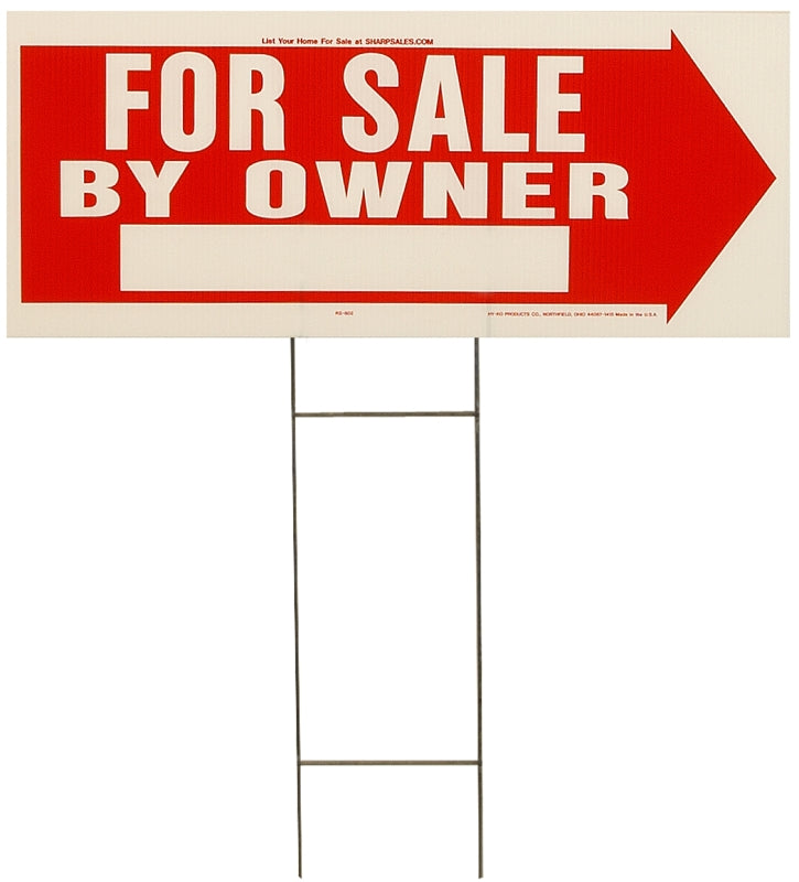 Hy-Ko RS-802 Lawn Sign, For Sale By Owner, White Legend, Red Background, Plastic, 9-1/2 in H x 24 in W Dimensions, Pack of 5