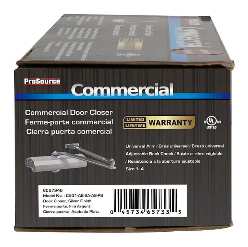 ProSource C501-AB-SA-AS Door Closer, Non-Handed Hand, Automatic, Aluminum, Silver, 240 lb, ADA Compliant