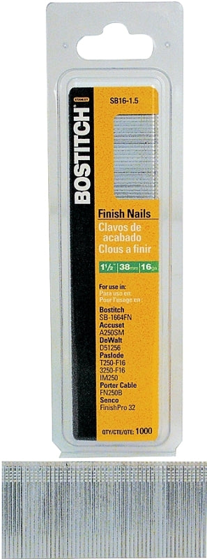 Bostitch SB16-150 Finish Nail, 1-1/2 in L, 16 ga, Steel, Smooth Shank