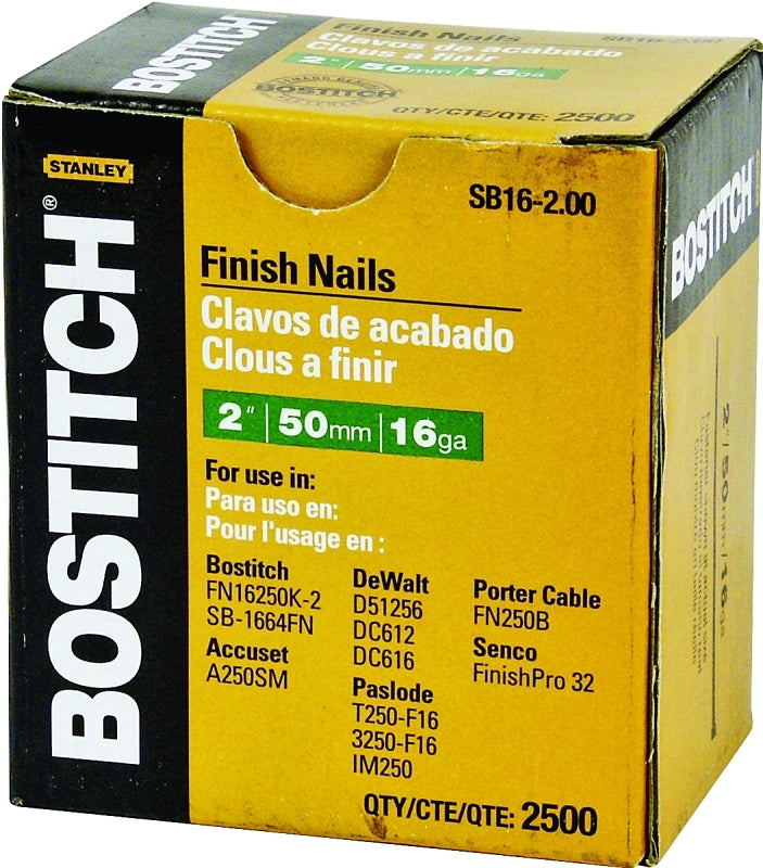 Bostitch SB16-200 Finish Nail, 2 in L, 16 ga, Steel, Smooth Shank