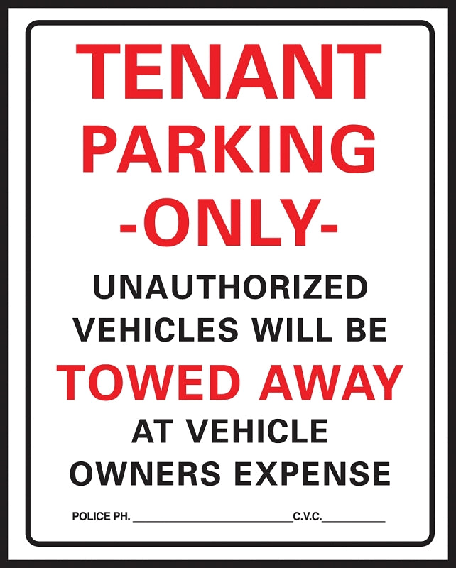 Hy-Ko 701 Parking Sign, 15 x 19 in Dimensions, Rectangular, Black/Red Legend, White Background, Plastic, 1/PK