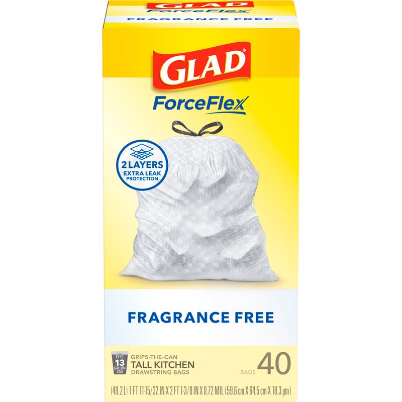 Glad Force Flex 13 gal No Scent Kitchen Trash Bags Drawstring 40 pk, Pack of 6