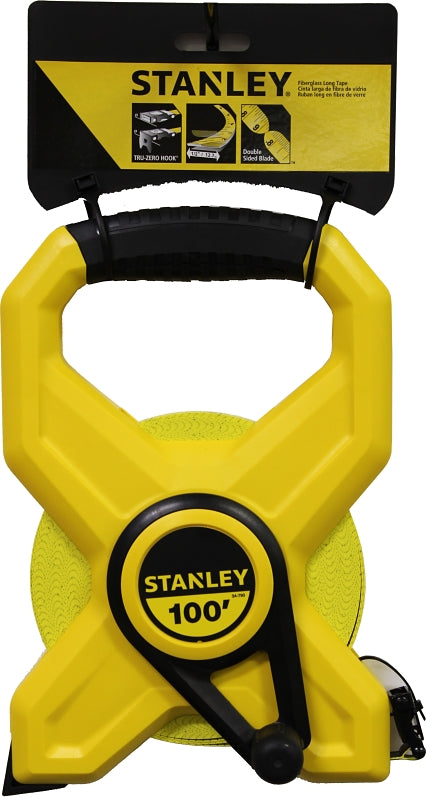 STANLEY 34-790 Tape Measure, 100 ft L Blade, 1/2 in W Blade, Fiberglass Blade, ABS Case, Black/Yellow Case