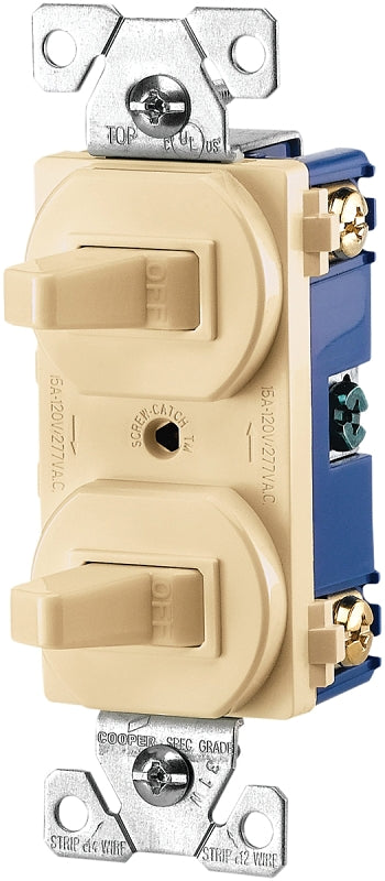Eaton 275V-BOX Combination Toggle Switch, 15 A, 120/277 V, SPDT, Back, Side Wire, Screw Terminal, Ivory