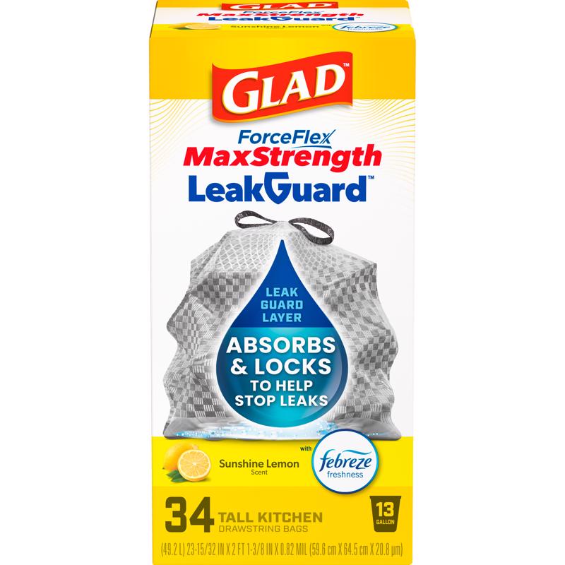 Glad LeakGuard 13 gal Lemon Kitchen Trash Bags Drawstring 34 pk, Pack of 6