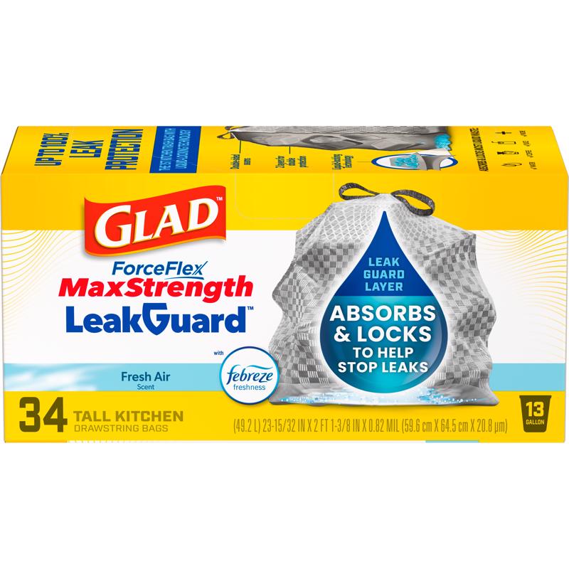 Glad LeakGuard 13 gal Fresh Kitchen Trash Bags Drawstring 34 pk, Pack of 6