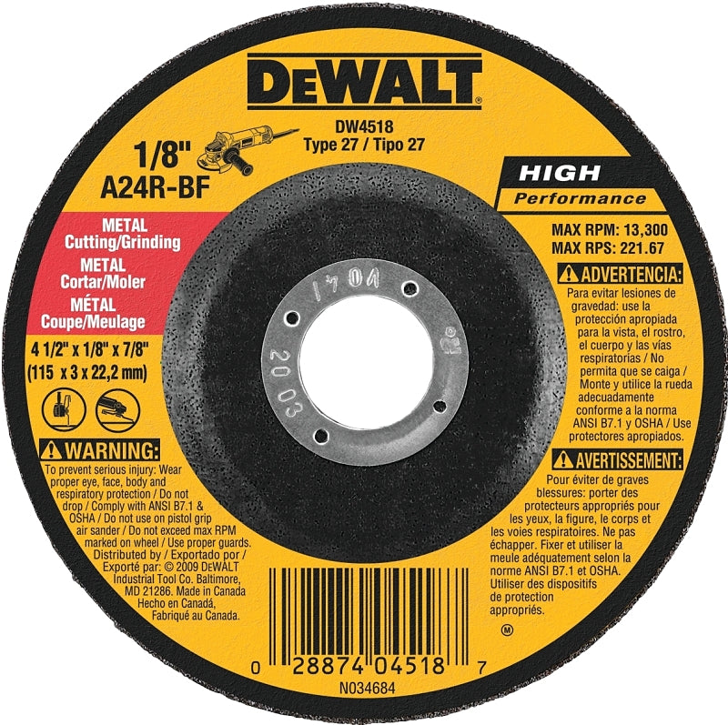 DEWALT DW4518 Grinding Wheel, Applicable Materials: Metal, 4-1/2 in Dia, 1/8 in Thick, 7/8 in Arbor, 24 Grit