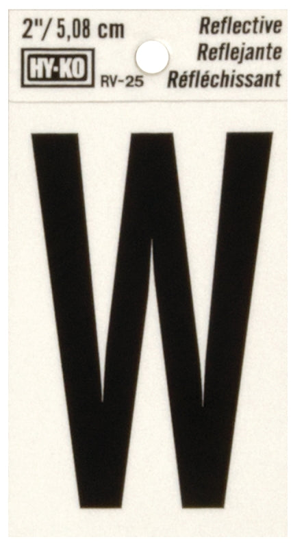 Hy-Ko RV-25/W Reflective Letter, 1-1/2 in W x 3 in H Dimensions, Character: W, 2 in H Character, Black Character, Vinyl, Pack of 10