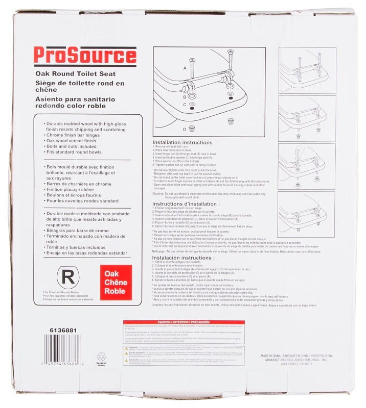 ProSource T-17WO-3L-C Toilet Seat, Round, MDF with Plastic Wood Veneer, Oak Wood, Bar Hinge