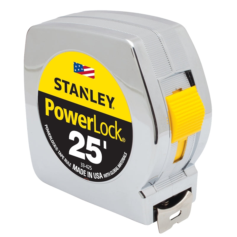 STANLEY PowerLock 33-425 Tape Measure, 25 ft L Blade, 1 in W Blade, Steel Blade, ABS Case, Chrome Case