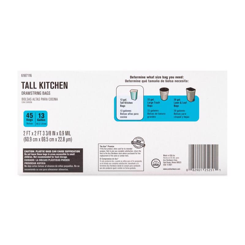 Ace 13 gal No Scent Tall Kitchen Bags Drawstring 45 pk, Pack of 6
