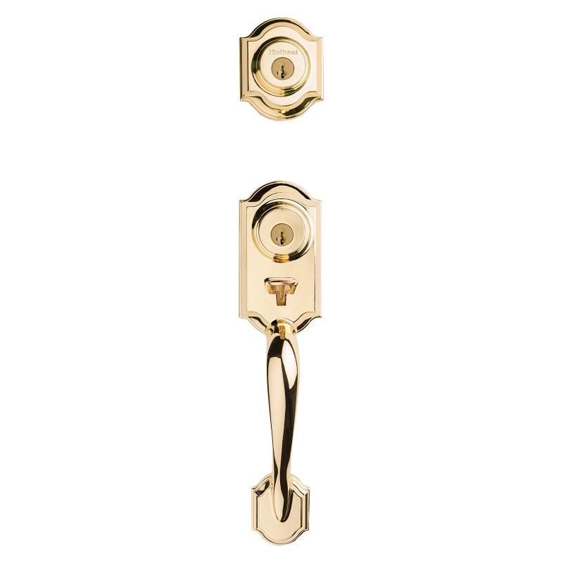 Kwikset 95530-017 Handleset, 2 Grade, Polished Brass, 2-3/8 x 2-3/4 in Backset, KW1 Keyway, 1-3/4 in Thick Door